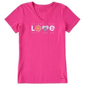 NWT Life is Good Women's DWYL Beach Elements Short Sleeve Vee/Raspberry Pink